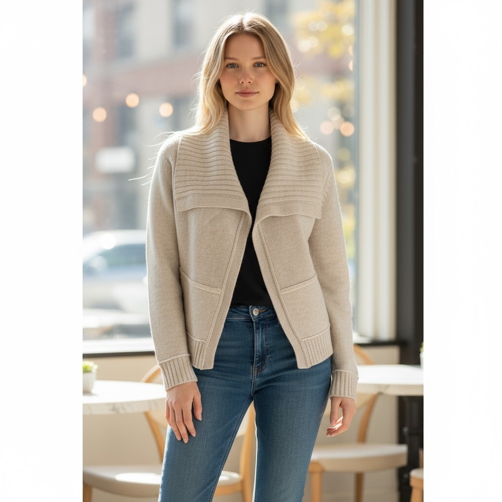 Neiman Marcus Cashmere Shawl Collar Open Cardigan Sweater Oatmeal Cream Size S - Picture 9 of 9